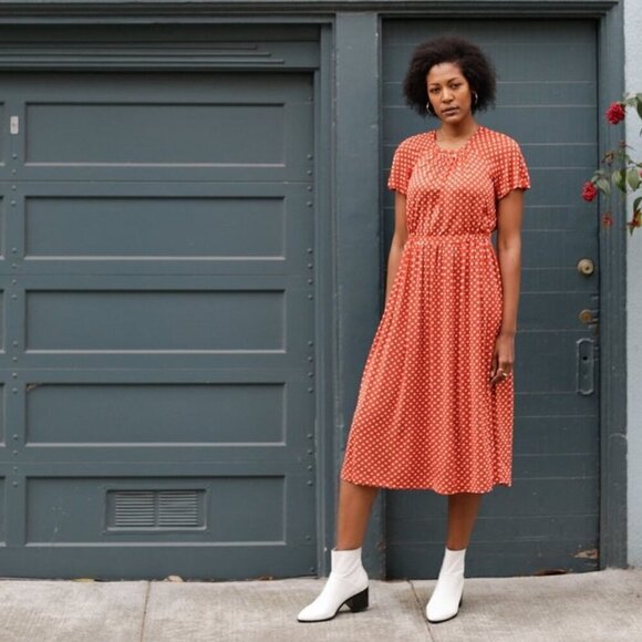💕STINE GOYA💕 Caitlin Midi Dress ~ Rust Orange Polka Dot Print Medium - Picture 2 of 16